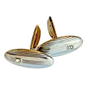 Vintage Mid Century Cufflinks Atomic Age Jewelry Silvertone & White Rhinestone